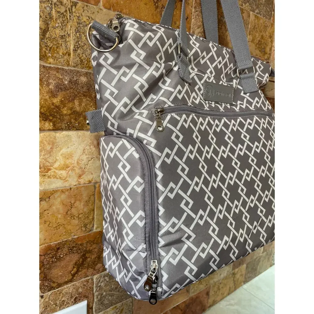 Sarah Wells Pump Bag Gray Geometric Diaper Tote Multi Pocket Nylon Laptop Baby